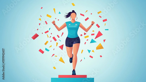 female athlete celebrates victory on podium, surrounded by colorful confetti. Her joyful expression and dynamic pose convey triumph and achievement