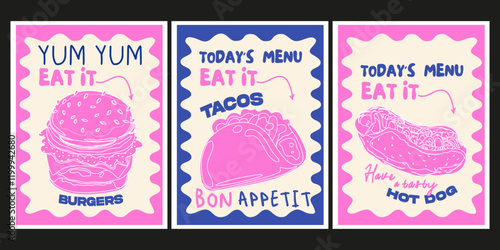 Vintage banners of fast food. Food posters in retro style for the kitchen and cafe. Art for poster design, wall decor, background, prints. Tacos, burger, hot dog. Modern hand drawn text