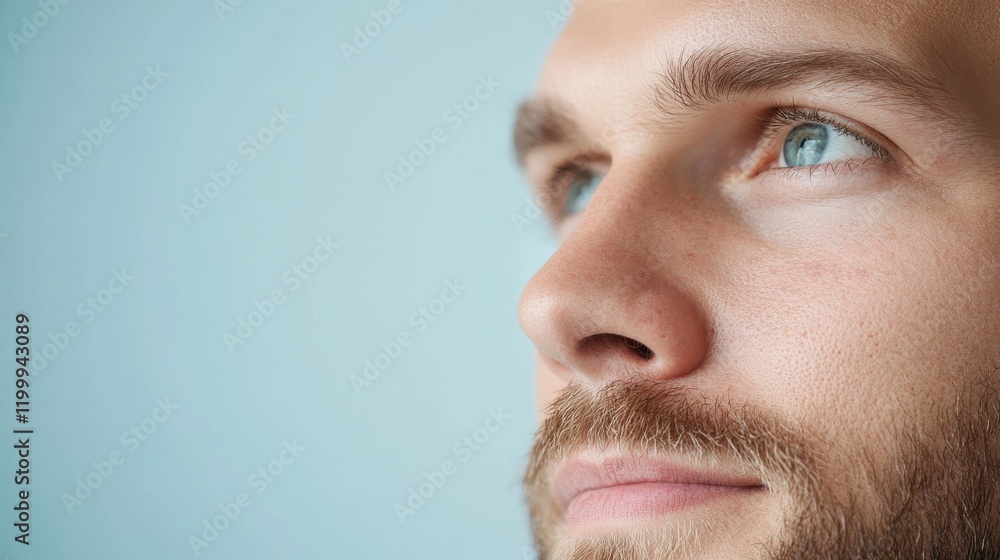 Fototapeta premium Facial skin problems concept. Portrait of a thoughtful man gazing upward with a serene expression against a light background.