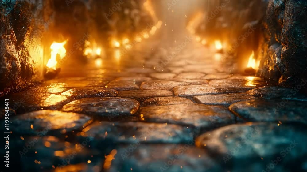 A mystical pathway illuminated by flickering flames, creating a warm ambiance with glowing lights reflecting off cobblestones.