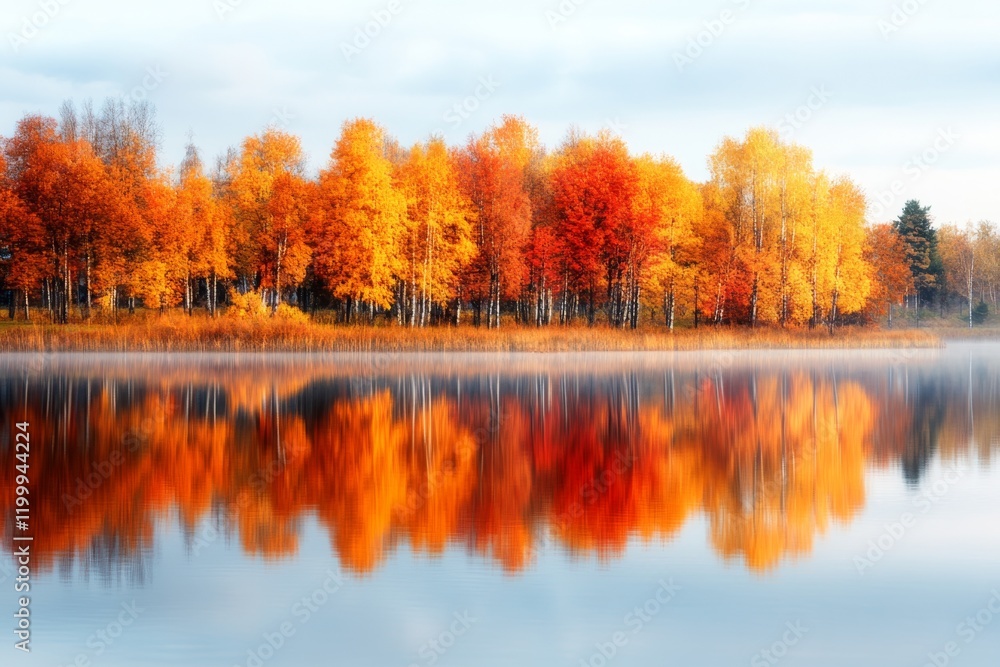 A serene lake surrounded by autumn-colored trees reflecting in the calm water, symbolizing the changing seasons around the world A serene lake surrounded by autumn-colored trees reflecting in the calm water, symbolizing the changing seasons around the world