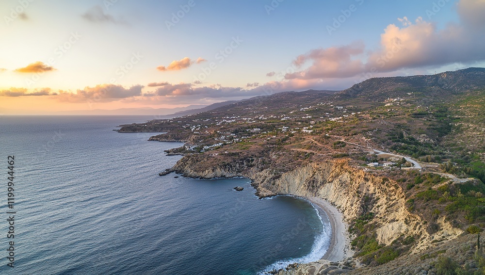 A breathtaking aerial view of the coastline in Ikaria, Greece at sunset A breathtaking aerial view of the coastline in Ikaria, Greece at sunset