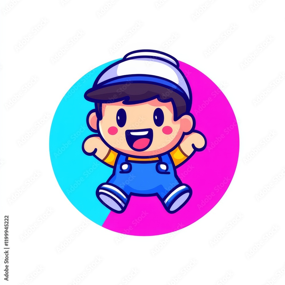 A cheerful cartoon boy in blue overalls and a cap, set against a vibrant pink and blue background. A cheerful cartoon boy in blue overalls and a cap, set against a vibrant pink and blue background.