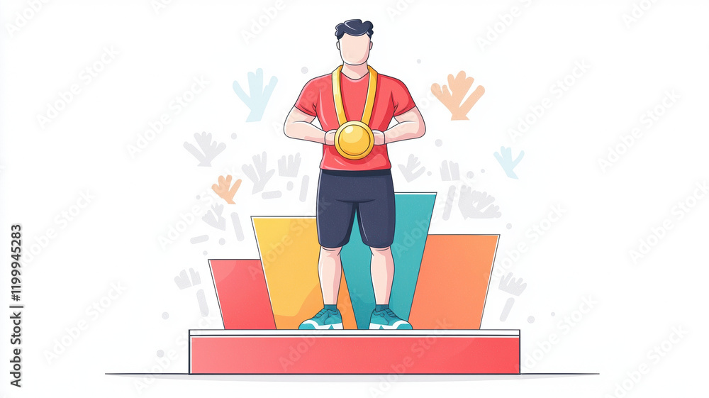 weightlifter stands proudly on podium, holding gold medal, symbolizing victory and achievement. colorful background enhances celebratory atmosphere weightlifter stands proudly on podium, holding gold medal, symbolizing victory and achievement. colorful background enhances celebratory atmosphere