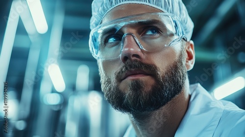 A focused man wearing lab clothing and protective eyewear stands in a manufacturing facility, exuding professionalism and dedication in a high-tech environment.
