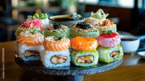 A tantalizing sushi donut platter with options like crab, cucumber, and tobiko photo