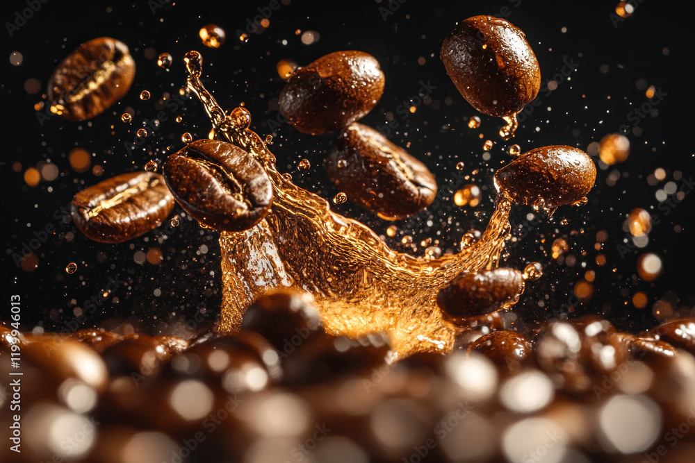 Coffee splashing out of a cup, creating a dynamic and energetic moment frozen in time with droplets suspended in mid-air against a blurred background. Coffee splashing out of a cup, creating a dynamic and energetic moment frozen in time with droplets suspended in mid-air against a blurred background.