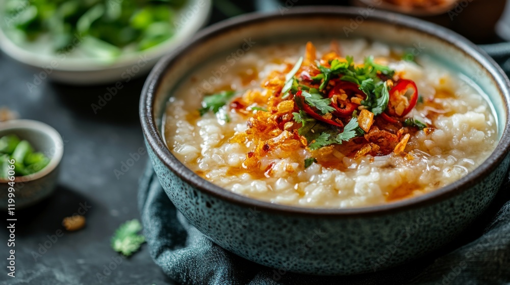 A close-up view of a bowl of fragrant rice porridge topped with crispy fried garlic, sliced chili, and a drizzle of soy sauce, showcasing its comforting texture. A close-up view of a bowl of fragrant rice porridge topped with crispy fried garlic, sliced chili, and a drizzle of soy sauce, showcasing its comforting texture.