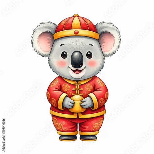 Koala in Traditional Chinese Clothing - Adorable koala bear in festive red and gold Chinese attire, holding a gold ingot. Symbolizing prosperity, good fortune, celebration, tradition, and cuteness. photo