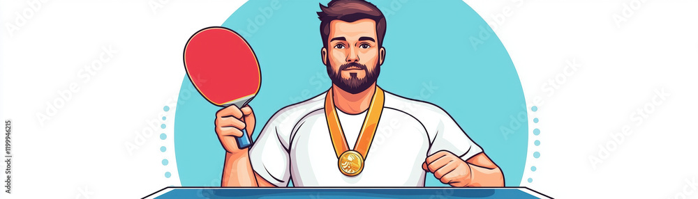 Table tennis player in action, holding paddle and wearing medal, showcasing determination and skill. vibrant background enhances competitive spirit of sport Table tennis player in action, holding paddle and wearing medal, showcasing determination and skill. vibrant background enhances competitive spirit of sport