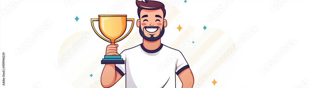 cheerful man holding championship trophy, celebrating victory with bright smile. His enthusiasm radiates joy and accomplishment in this vibrant illustration
