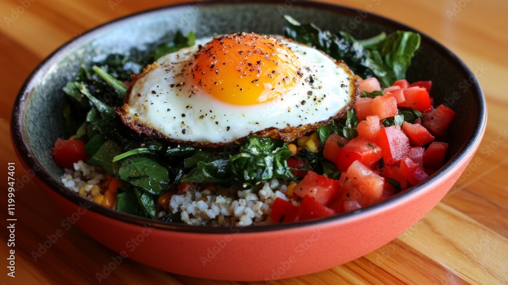 A colorful breakfast bowl featuring a fried egg on top of mixed greens and grains, drizzled with a light vinaigrette for a healthy and delicious start to the day. A colorful breakfast bowl featuring a fried egg on top of mixed greens and grains, drizzled with a light vinaigrette for a healthy and delicious start to the day.