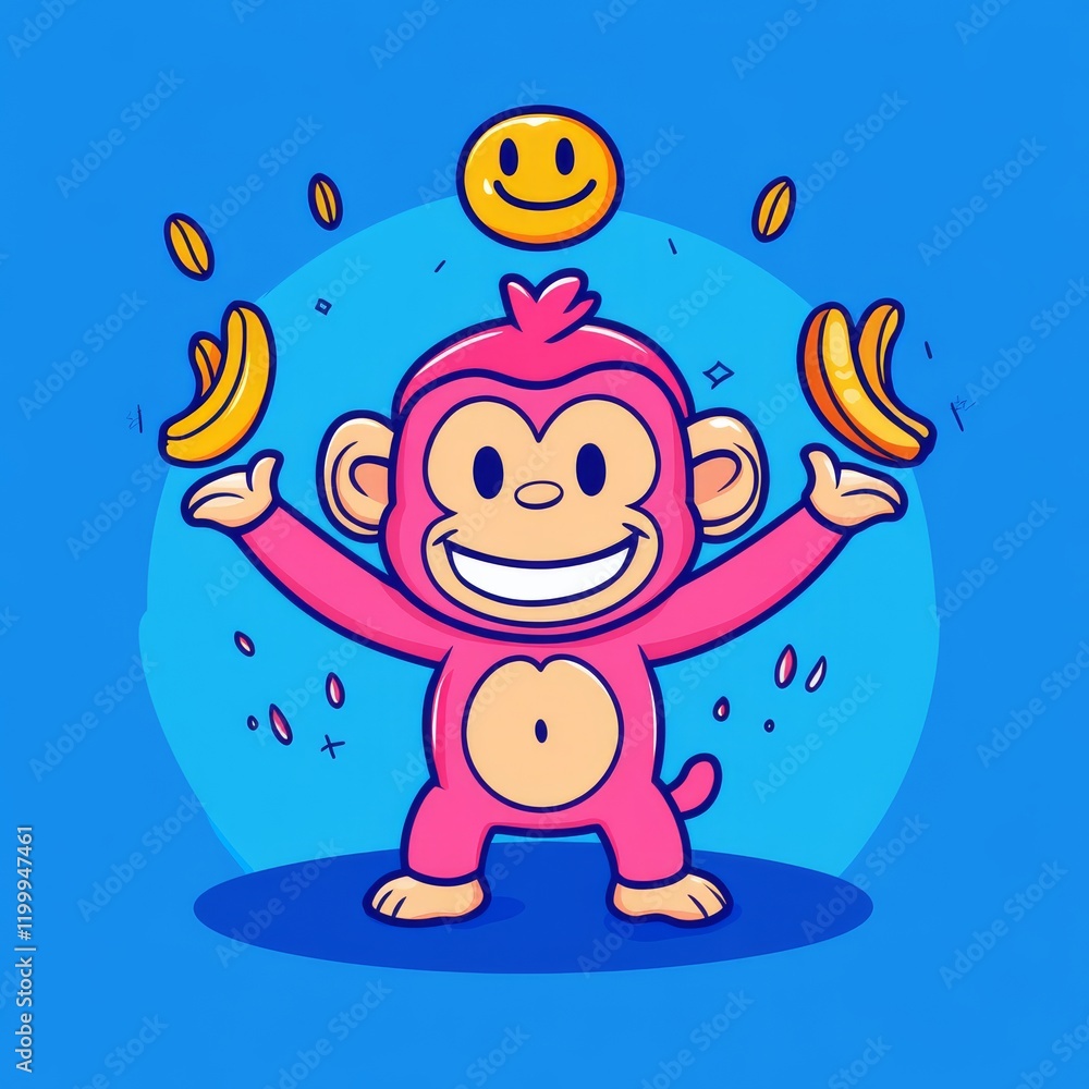 Fototapeta premium A cheerful pink monkey juggles bananas and coins against a bright blue background, exuding fun and playfulness.
