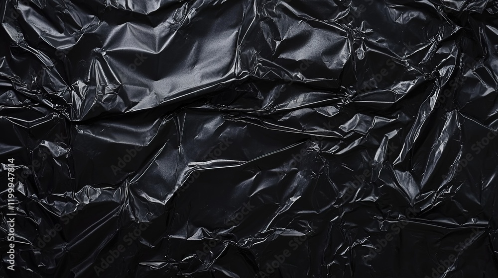 Black plastic film wrap texture, crumpled in the wind, top view. Black plastic film wrap texture, crumpled in the wind, top view.
