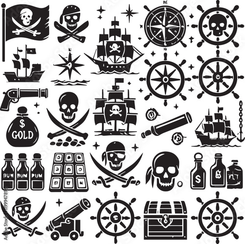 pirates icons set sabre, skull with bandanna and bones, hook, triangle hat, old ship, spyglass, treasure chest, cannon, anchor, rudder, mountain, map, barrel, rum, island
