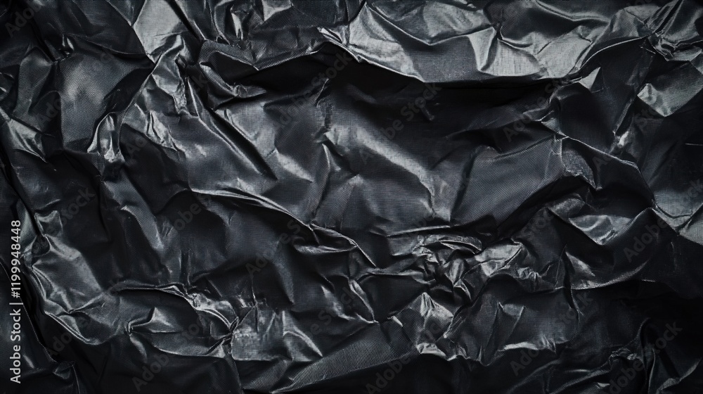 Black plastic film wrap texture, crumpled in the wind, top view. Black plastic film wrap texture, crumpled in the wind, top view.