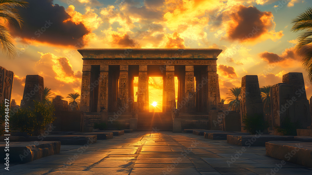 Fototapeta premium A Serene Ancient Temple Bathed in Golden Sunset Light Amidst Lush Vegetation