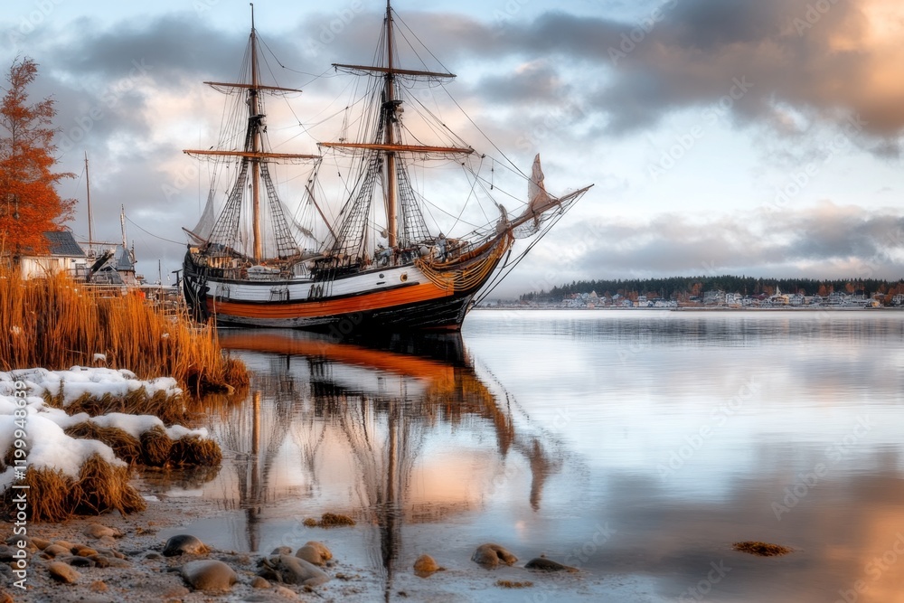 Obraz premium A traditional wooden ship with masts and sails, docked at a harbor with gentle waves lapping against its hull