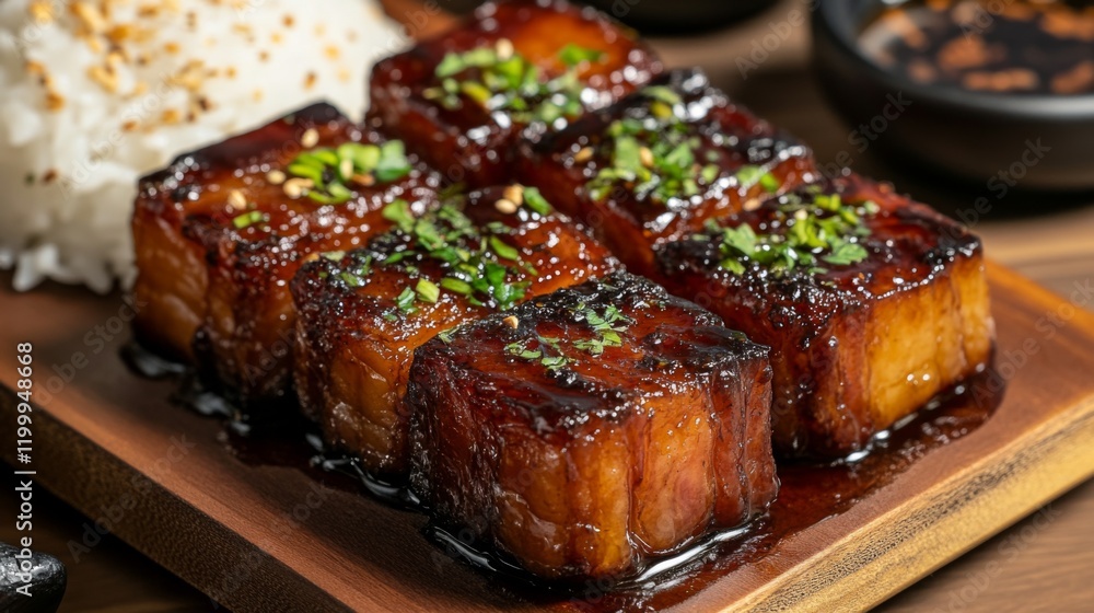 A cozy setting featuring a serving of pork belly with fish sauce, garnished with fresh herbs and accompanied by a side of sticky rice, inviting a satisfying dining experience.