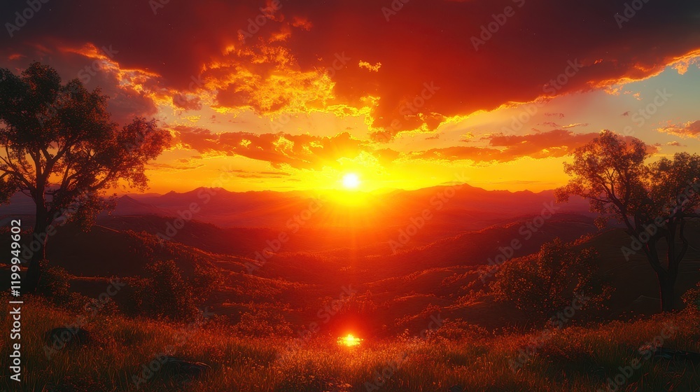 A vibrant sunset over rolling hills, reflecting on a tranquil body of water. A vibrant sunset over rolling hills, reflecting on a tranquil body of water.