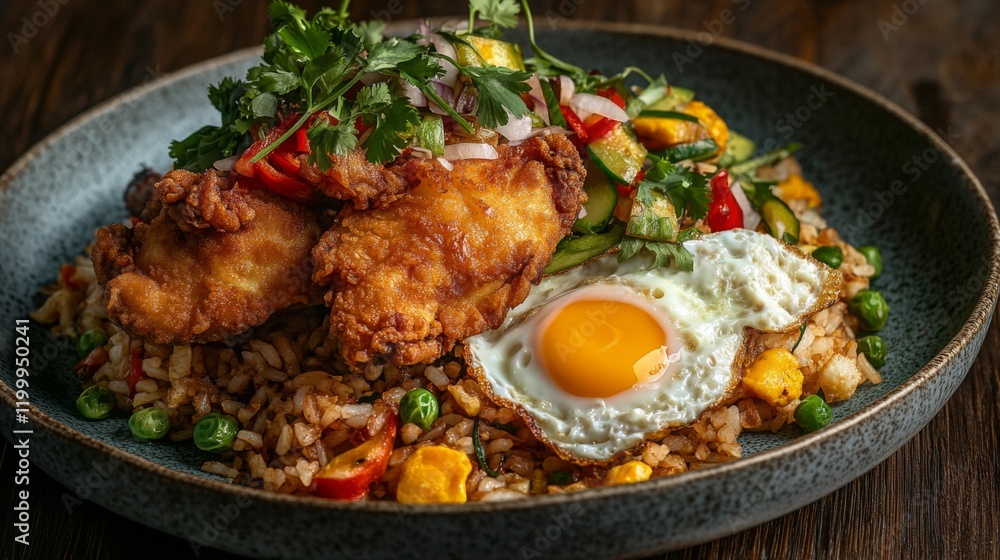 A delicious serving of American fried rice with golden-brown fried chicken, scrambled eggs, and garnished with fresh herbs and vegetables on the side A delicious serving of American fried rice with golden-brown fried chicken, scrambled eggs, and garnished with fresh herbs and vegetables on the side