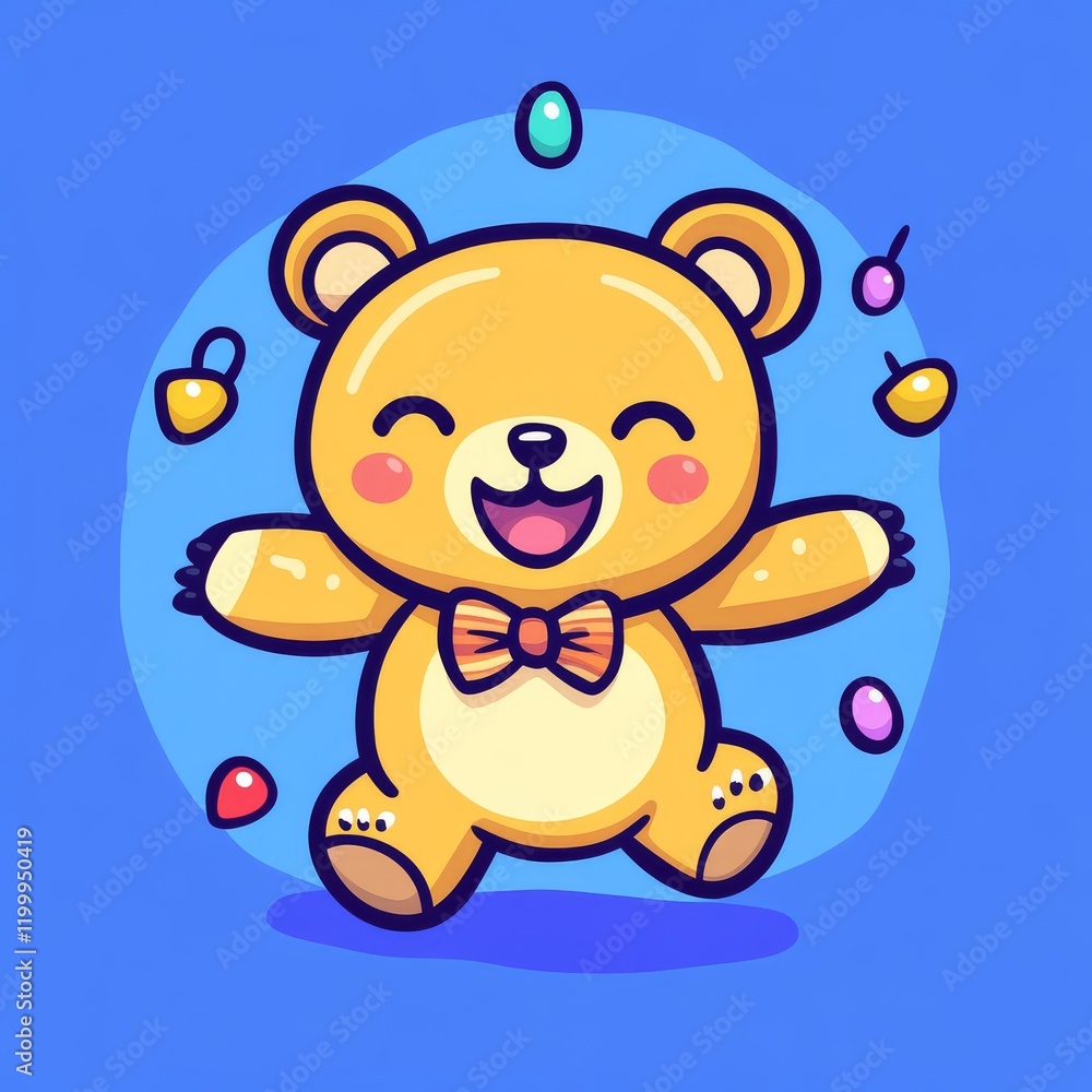 Fototapeta premium A cheerful cartoon bear juggling colorful balls, exuding joy and playfulness against a bright blue background.