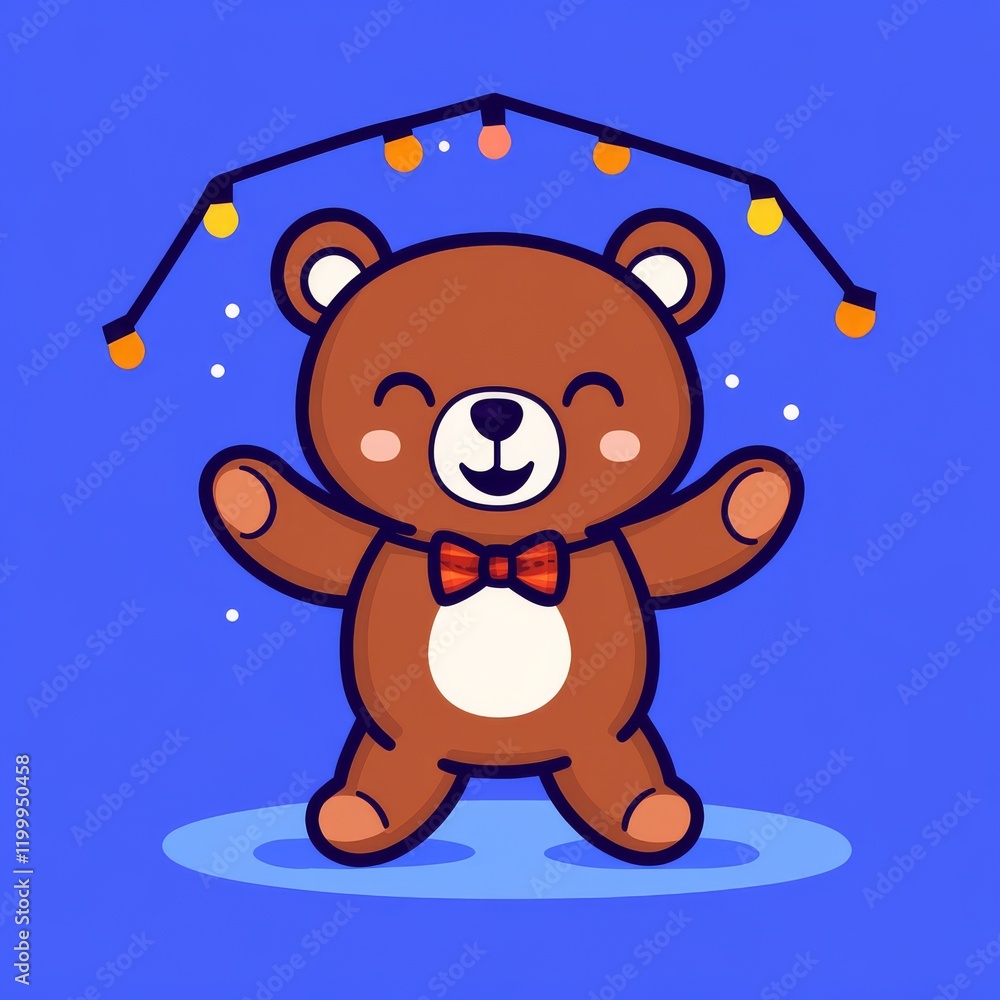 Fototapeta premium A cheerful cartoon bear stands with arms raised, wearing a bow tie, under string lights and sparkling stars against a bright blue background.