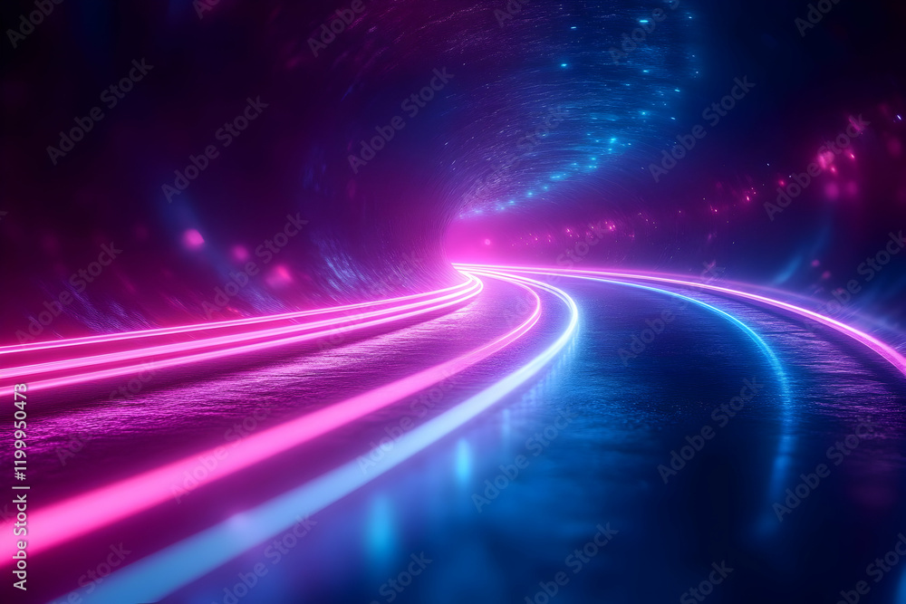 Neon road curves through cosmic tunnel Neon road curves through cosmic tunnel