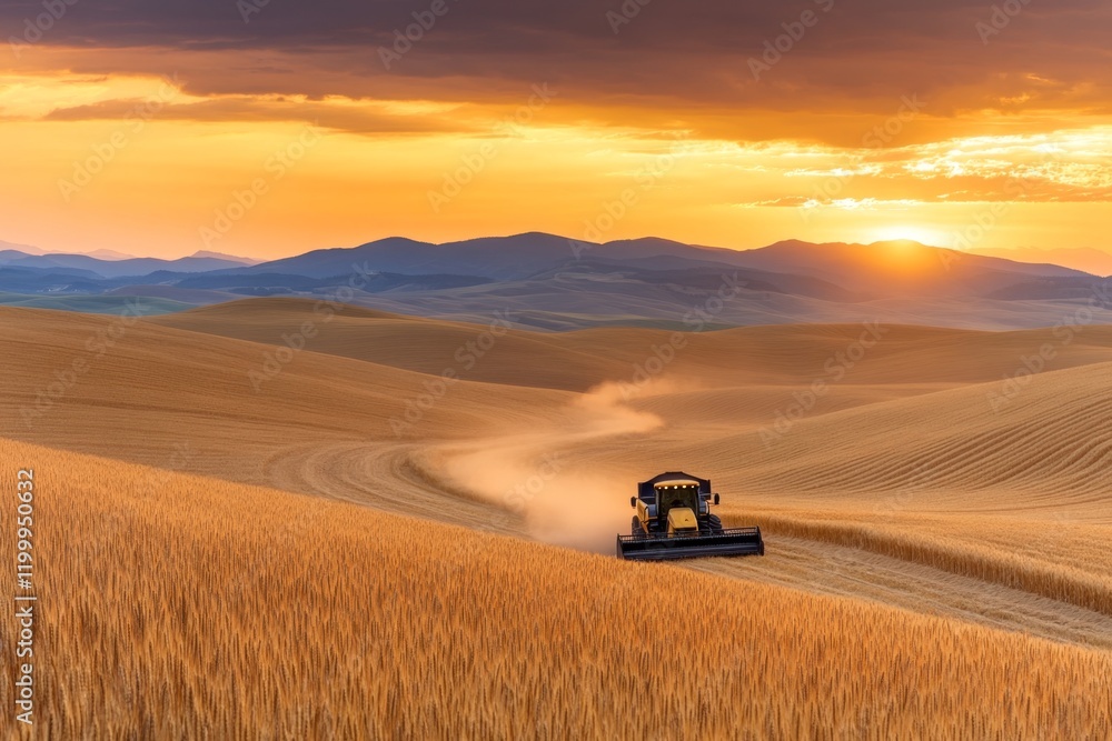 Fototapeta premium A wheat field during harvest season, with a combine harvester in the distance and dust rising in the golden light