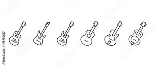 Guitar, bass guitar icon set in different styles. Acoustic and electric musical instrument symbol. Flat icon of guitar, bass guitar acoustic and electric vector illustration in transparent background.