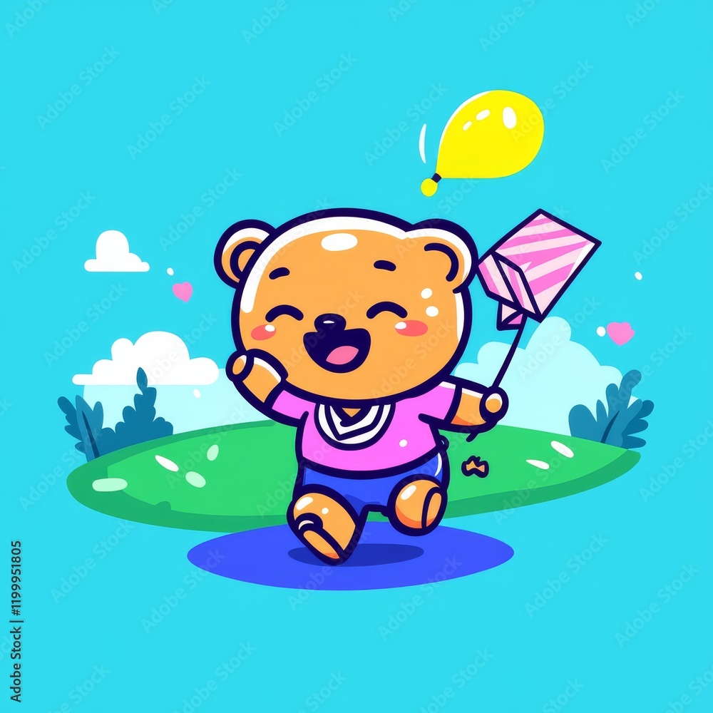 Fototapeta premium A cheerful bear in a pink outfit joyfully holds a balloon and a kite, surrounded by a vibrant blue sky and green landscape.