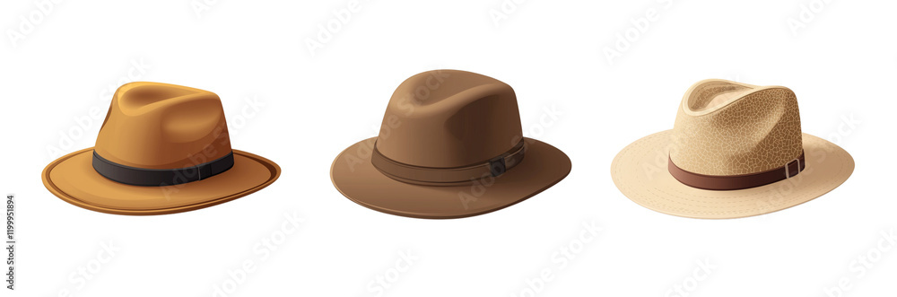 Three different hat icons in a light brown color vector illustration isolated on transparent background png Three different hat icons in a light brown color vector illustration isolated on transparent background png