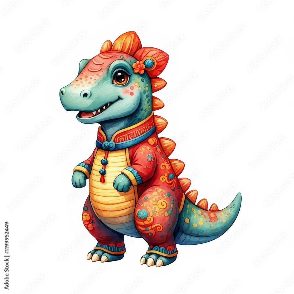 Adorable Dinosaur in Festive Attire - A cute cartoon dinosaur wearing a vibrant traditional-style outfit, perfect for festive celebrations or children's illustrations. Adorable Dinosaur in Festive Attire - A cute cartoon dinosaur wearing a vibrant traditional-style outfit, perfect for festive celebrations or children's illustrations.