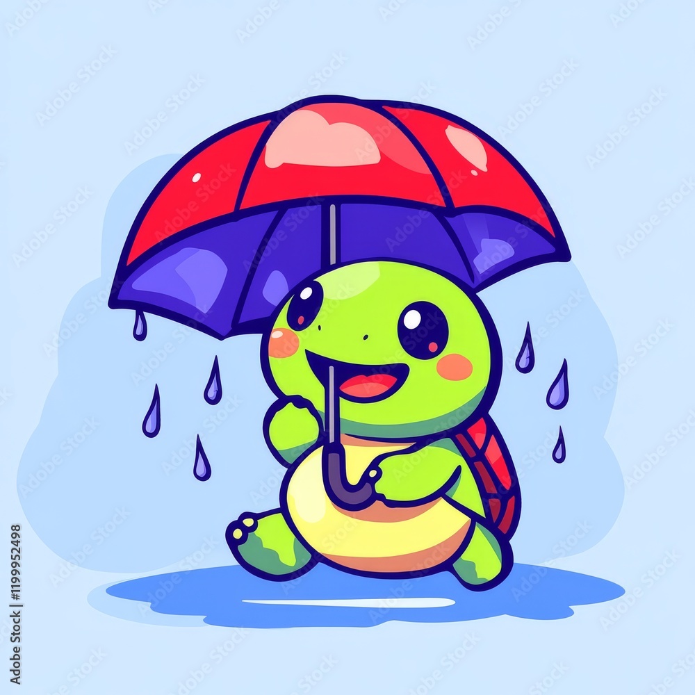 Obraz premium A cheerful turtle character holding a colorful umbrella, enjoying the rain with droplets falling around it, set against a light blue background.