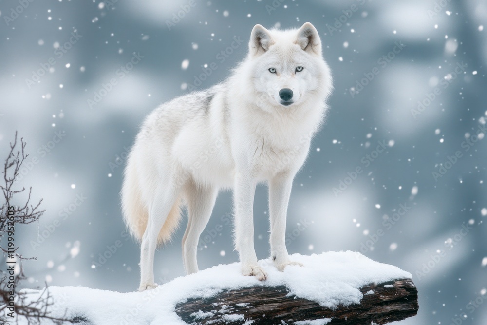 Obraz premium A wolf standing proudly on a snow-covered log, surveying its territory with an intense gaze