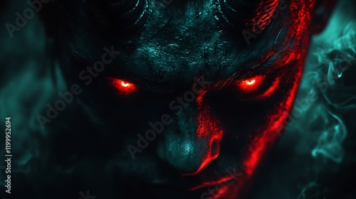 Fiery and intense demonic face with glowing red eyes and sharp horns, embodying supernatural horror and dark fantasy photo