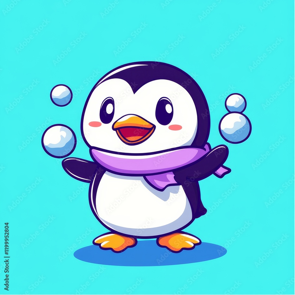 Fototapeta premium A cute cartoon penguin wearing a scarf, joyfully surrounded by bubbles against a bright blue background.