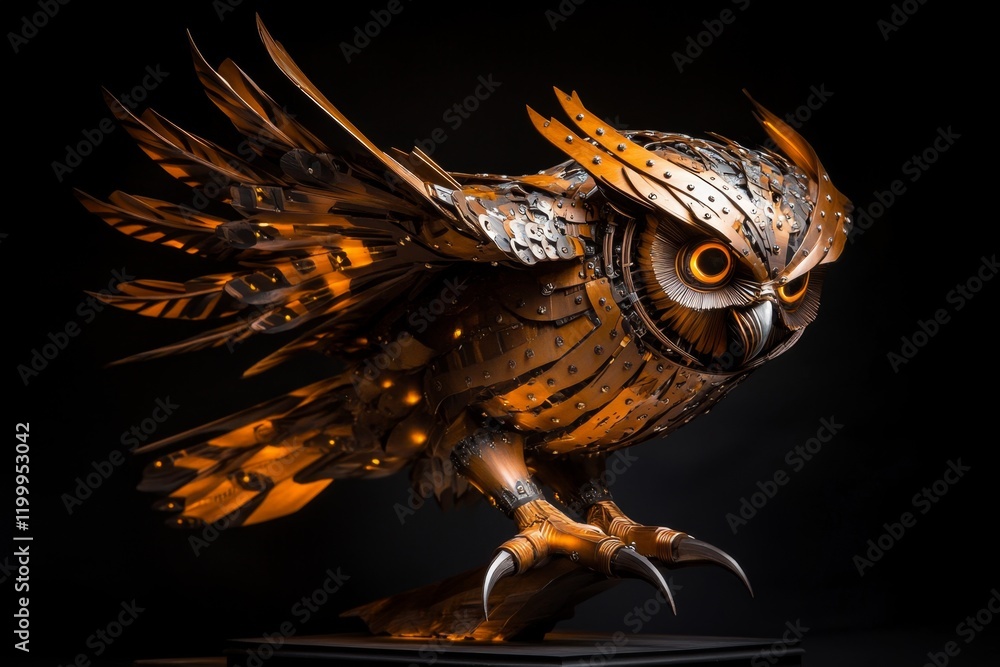 A wooden sculpture of an owl, intricately carved with lifelike feathers and sharp talons, set on a pedestal A wooden sculpture of an owl, intricately carved with lifelike feathers and sharp talons, set on a pedestal