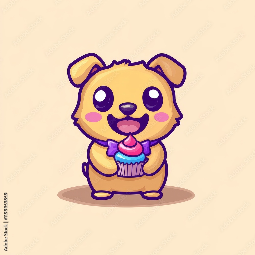 Fototapeta premium A cute cartoon puppy happily holds a cupcake, featuring big eyes and a joyful expression against a simple background.
