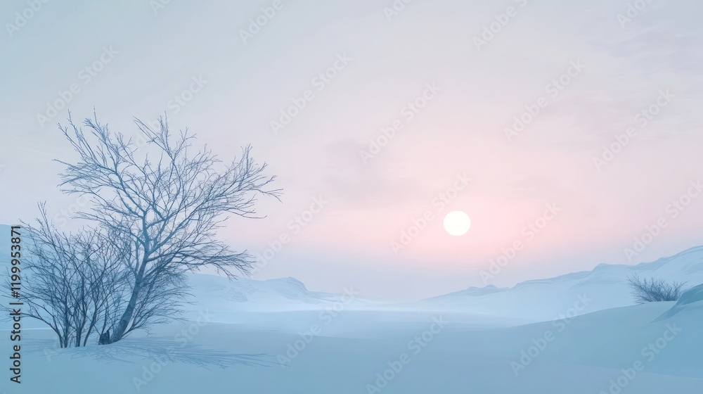 Serene winter landscape at sunrise with soft colors Serene winter landscape at sunrise with soft colors