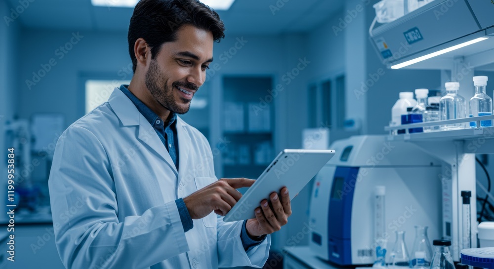Fototapeta premium Portrait of a male scientist using a tablet computer, smiling confidently in a laboratory setting