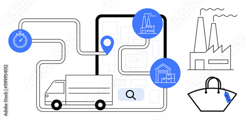 Delivery truck following mapped route with city landmarks. Factory and store icons signify logistics. Ideal for supply chain, logistics, routing, delivery, transportation, warehouse, e-commerce