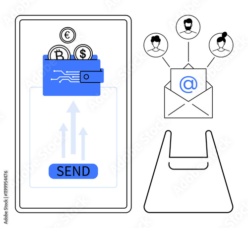 Digital wallet transferring cryptocurrency from a mobile device, send button. Email envelope networking users. Ideal for fintech, online payments, digital currency, crypto transactions