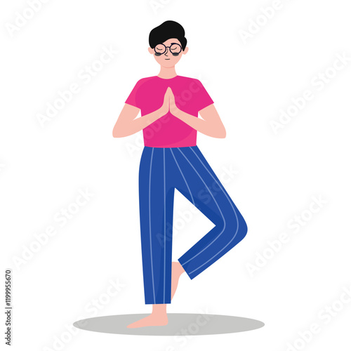 Person in pink shirt and striped blue pants performs a yoga tree pose