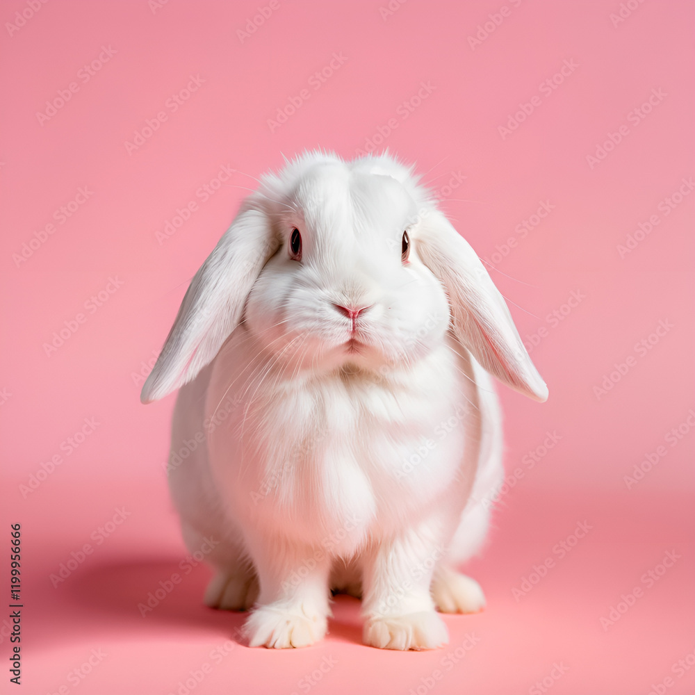 A white rabbit with floppy ears on a pink background A white rabbit with floppy ears on a pink background