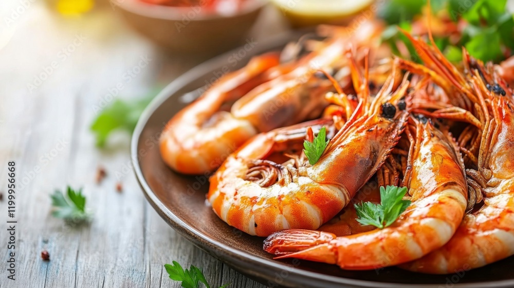 A plate of perfectly grilled prawns on a wooden table, garnished with Thai herbs, all captured in natural sunlight for a fresh, summery look. A plate of perfectly grilled prawns on a wooden table, garnished with Thai herbs, all captured in natural sunlight for a fresh, summery look.