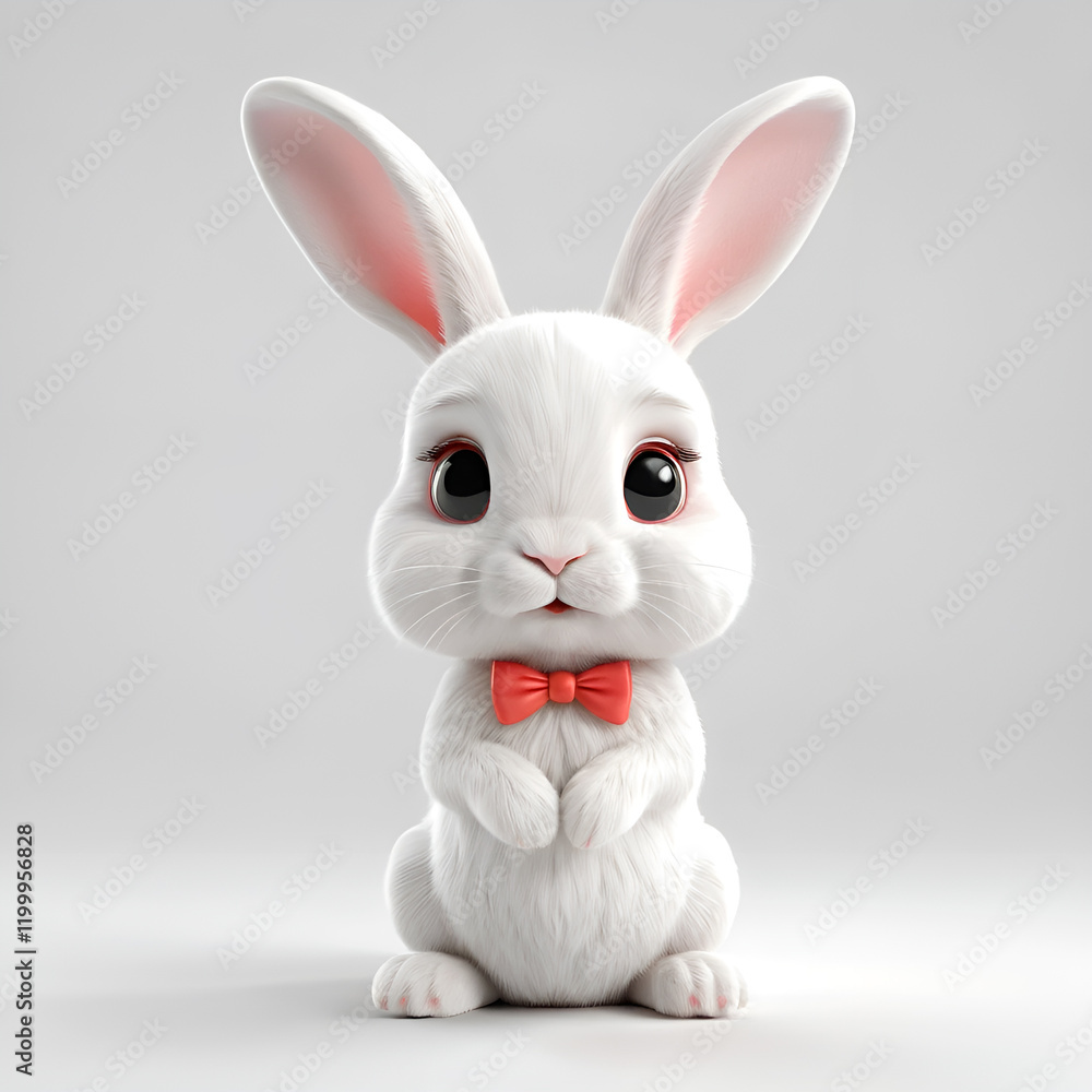 Fototapeta premium A white rabbit with a red bow on a light background