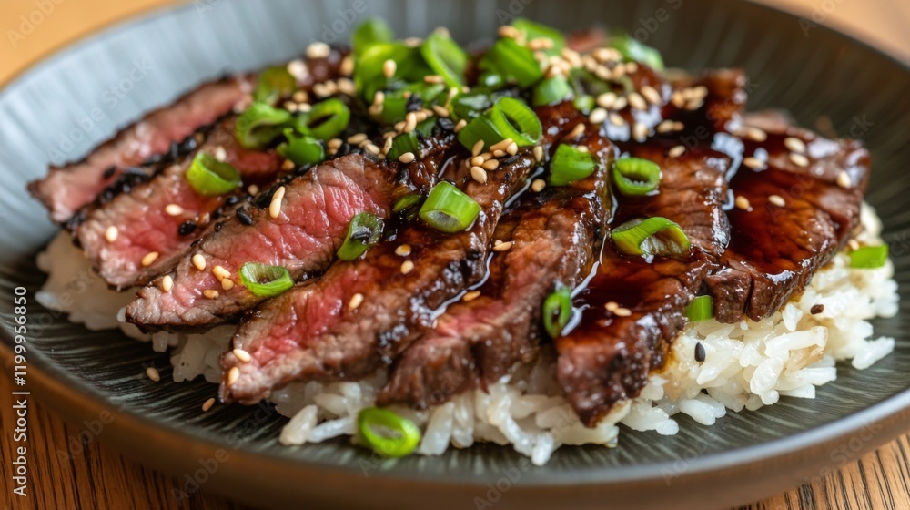 A plate of rice with savory beef slices on top, served with a rich, dark sauce, garnished with green onions and a drizzle of sesame oil, evoking a comforting feel A plate of rice with savory beef slices on top, served with a rich, dark sauce, garnished with green onions and a drizzle of sesame oil, evoking a comforting feel