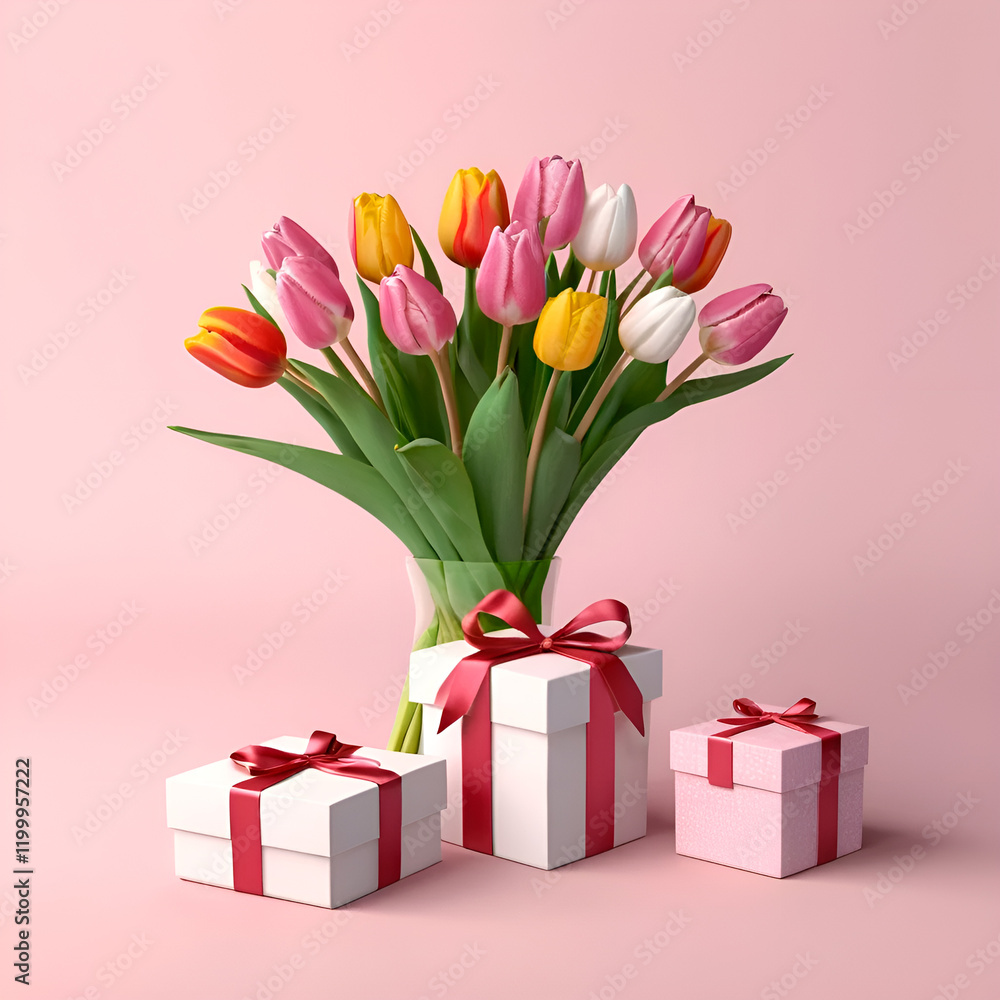 Fototapeta premium A bouquet of tulips on a pink background.An empty space for the text. Gift boxes with bows