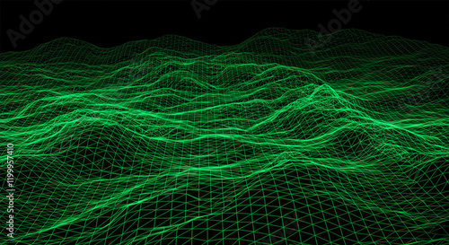 Fototapeta Naklejka Na Ścianę i Meble -  3D rendered abstract grid neon topography. Green mesh terrain